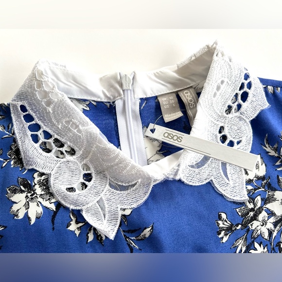 ✨NWT✨ ASOS FLORAL MINI DRESS LACE COLLAR LONGSLEEVE BLUE WHITE BLACK SIZE 6 - Picture 3 of 13